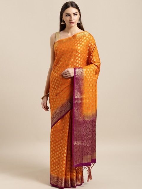 

Mitera Orange & Purple Silk Blend Woven Design Banarasi Saree