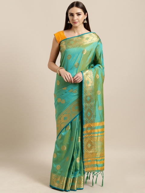 

Mitera Green & Gold-Toned Silk Blend Woven Design Banarasi Saree