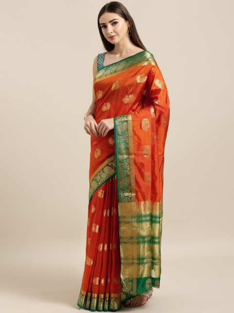 

Mitera Orange & Green Silk Blend Woven Design Banarasi Saree