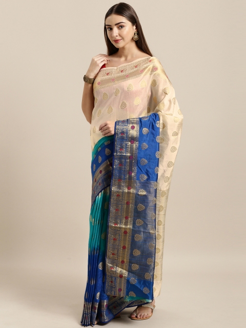 

Mitera Blue & Cream-Coloured Silk Blend Woven Design Banarasi Saree