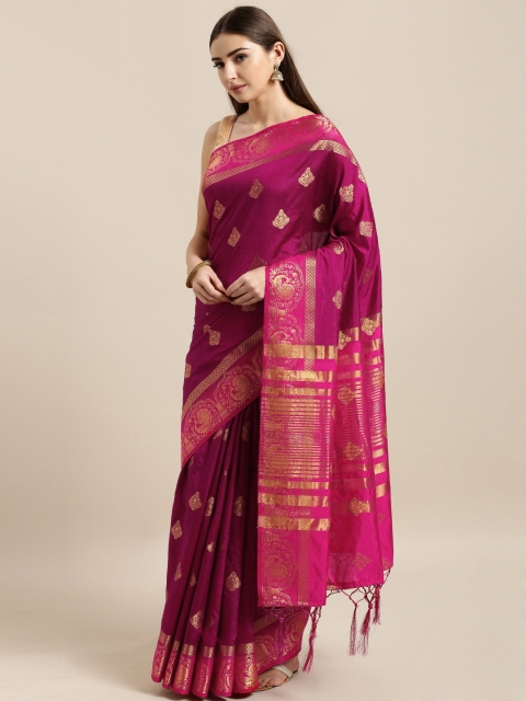 

Mitera Magenta & Gold-Toned Silk Blend Woven Design Banarasi Saree