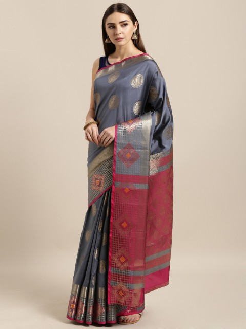 

Mitera Charcoal Grey & Magenta Silk Blend Woven Design Banarasi Saree