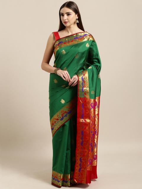 

Mitera Green & Golden Silk Blend Woven Design Banarasi Saree With Zari Border