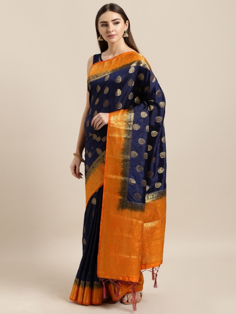 

Mitera Navy Blue Silk Blend Woven Design Banarasi Saree