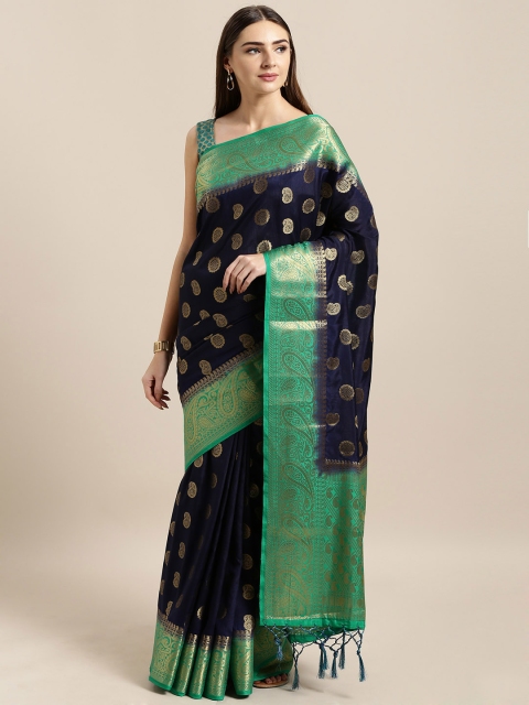 

Mitera Navy Blue Silk Blend Woven Design Banarasi Saree