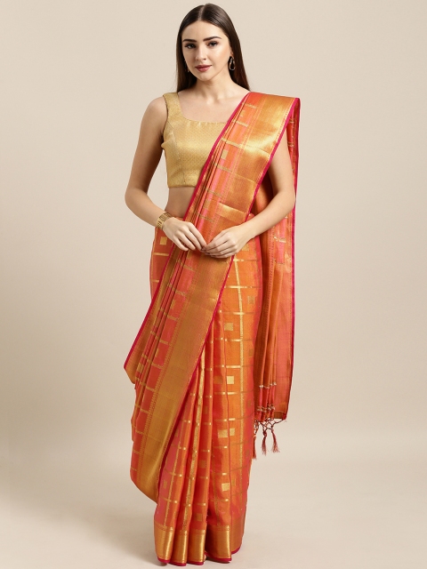 

Mitera Pink Silk Blend Woven Design Checked Banarasi Saree