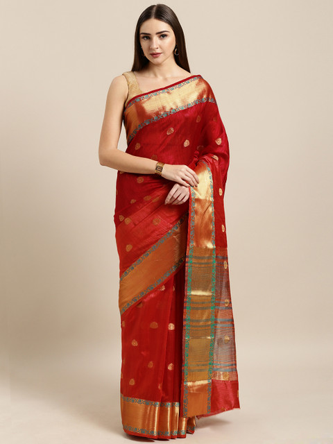 

Mitera Orange & Red Silk Blend Woven Design Banarasi Saree