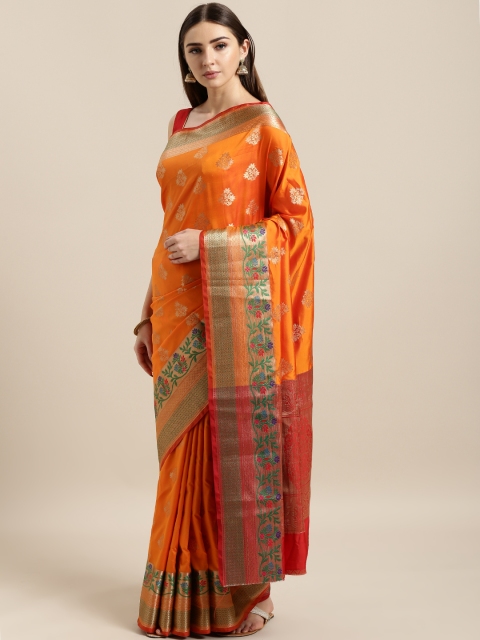 

Mitera Orange & Gold-Toned Silk Blend Woven Design Banarasi Saree