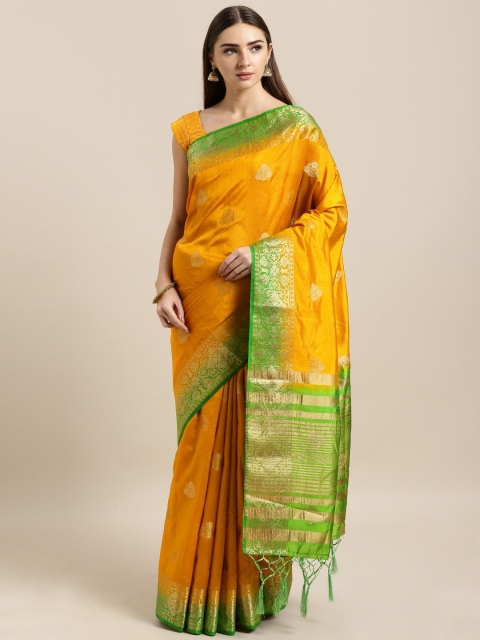 

Mitera Mustard Yellow & Green Silk Blend Woven Design Banarasi Saree
