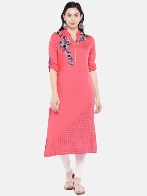 

Divina Women Peach-Coloured & Green Printed Straight Kurta