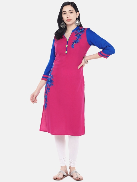 

Divina Women Pink & Blue Embroidered Straight Kurta