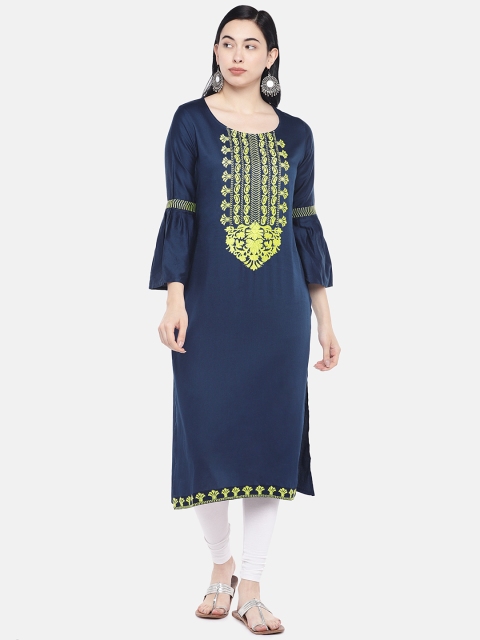 

Divina Women Navy Blue & Yellow Embroidered Straight Kurta