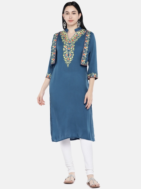 

Divina Women Blue Embroidered Straight Kurta