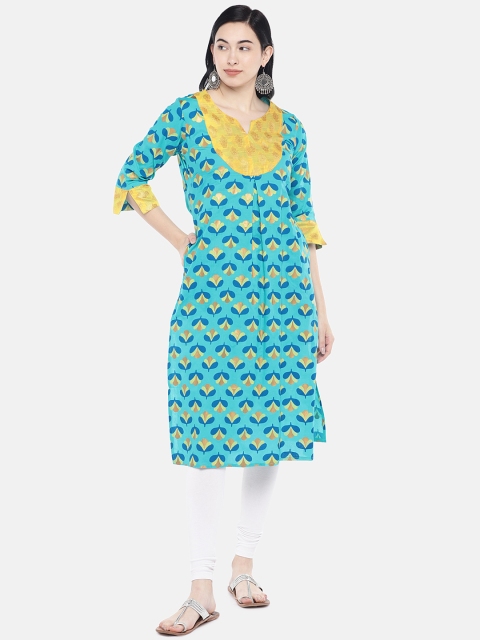 

Divina Women Sea Green & Yellow Printed Straight Kurta