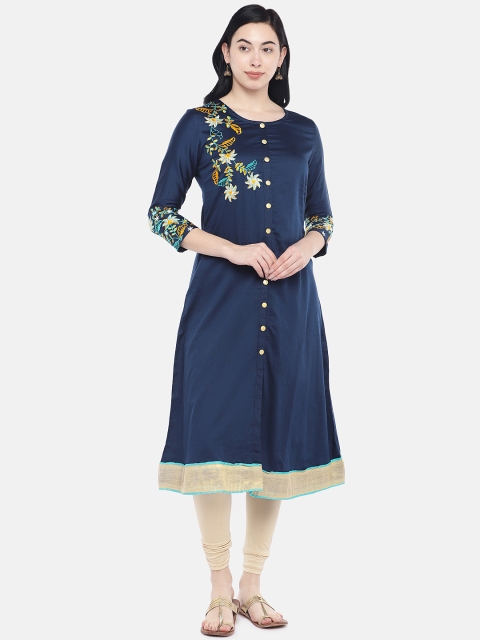 

Divina Women Navy Blue & Orange Embroidered Straight Kurta