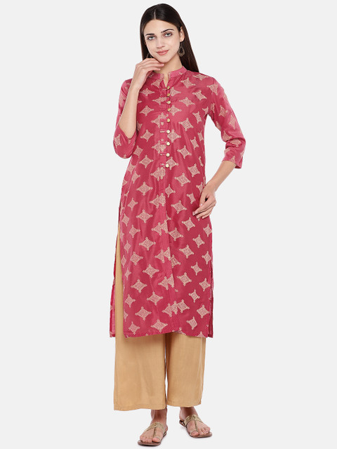 

Divina Women Coral Red & Gold-Coloured Printed Straight Kurta