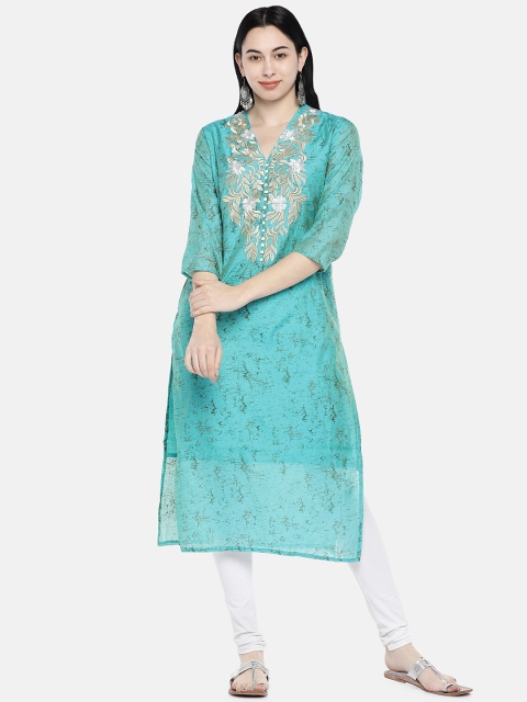 

Divina Women Sea Green Printed Chanderi Silk Straight Kurta