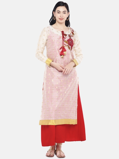 

Divina Women Off-White & Red Woven Design Straight Kurta