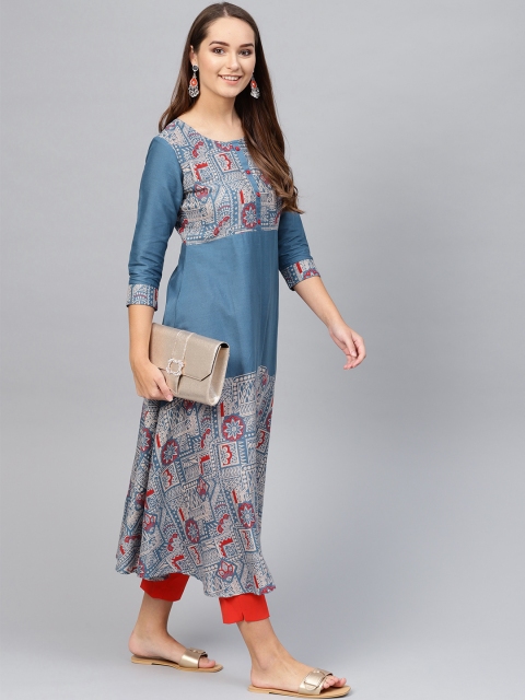 

Yufta Women Blue & Beige Printed A-Line Kurta