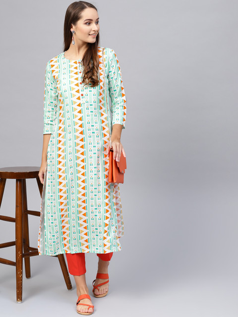

Yufta Women Green & Orange Printed Straight Kurta