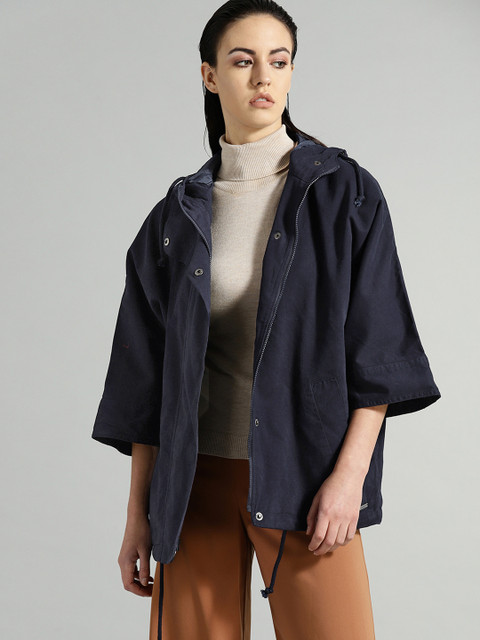 

Roadster Women Navy Blue Solid Hooded Tailored Jacket