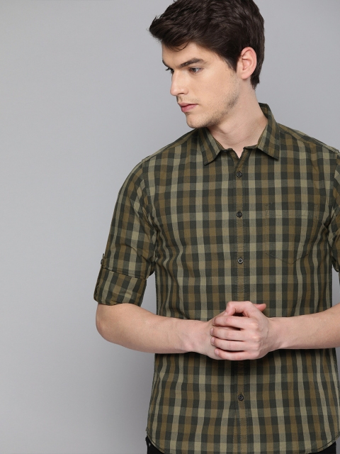 

HERE&NOW Men Olive Green & Khaki Slim Fit Checked Casual Shirt With Roll-up Sleeves