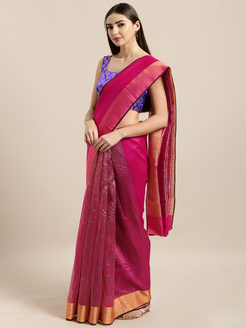 

KALINI Pink Silk Cotton Striped Mangalagiri Saree