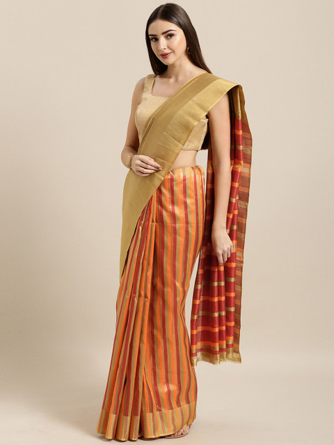

KALINI Red & Orange Silk Cotton Striped Half & Half Mangalagiri Saree