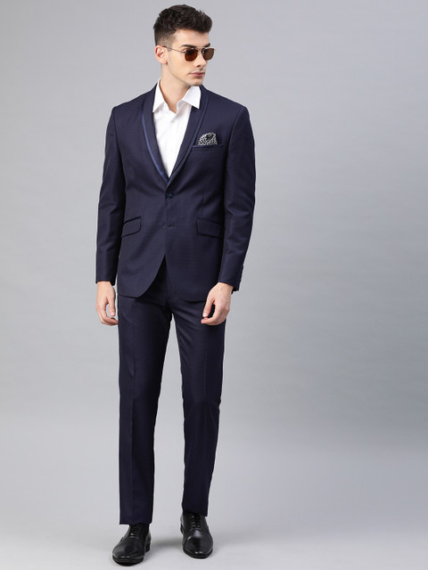 

Van Heusen Ceremony Men Navy Blue Self-Design Slim-Fit Single-Breasted Party Suit