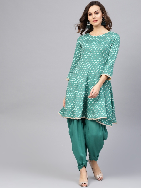 

Indo Era Women Green & Off-White Bandhani Print Kurta with Dhoti Pants