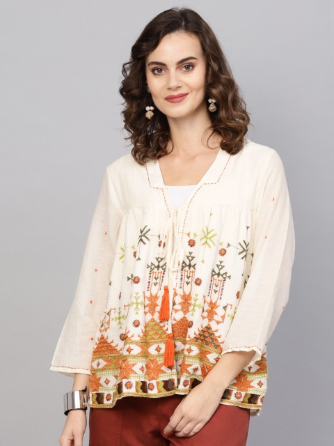 

Indo Era Women Off-White & Rust Orange Embroidered Open-Front Jacket