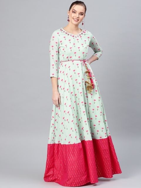 

Inddus Women Sea Green & Pink Printed Maxi Dress