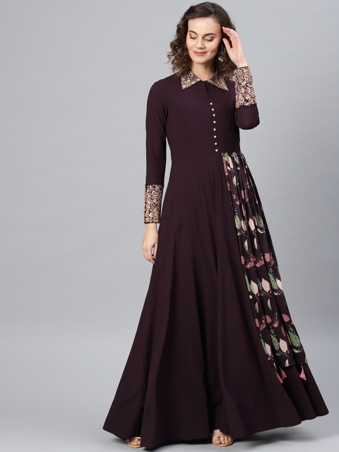 

Inddus Women Burgundy Floral Printed Layered Maxi Dress