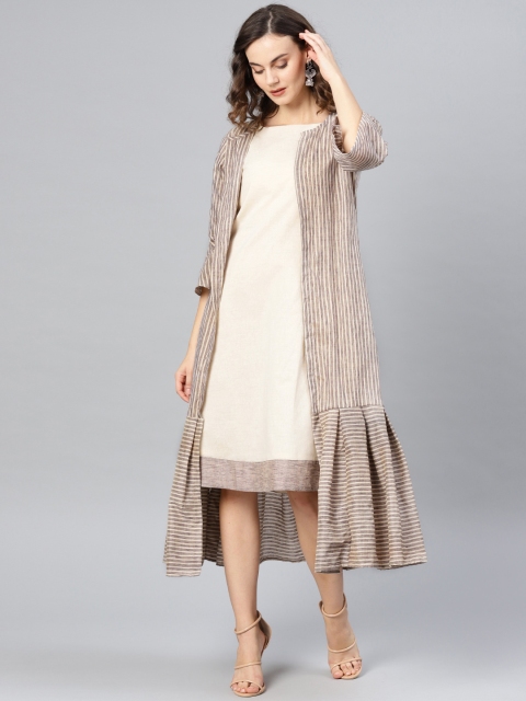 

Inddus Women Cream-Coloured & Taupe Woven Design A-Line Dress