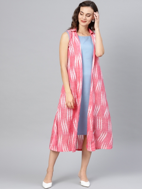 

Inddus Women Blue & Pink Woven Design A-Line Dress