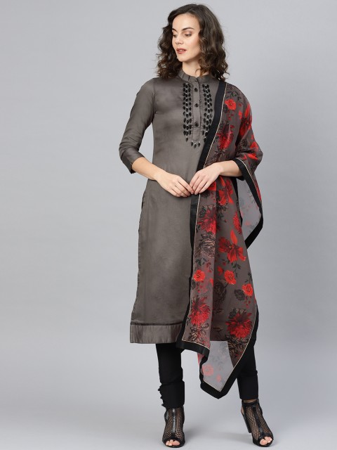 

Inddus Women Charcoal Grey Yoke Design Kurta with Trousers & Dupatta