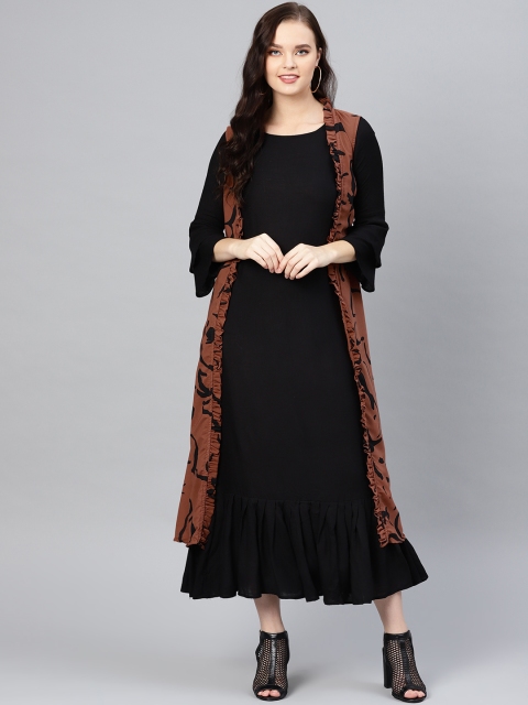 

Inddus Women Black & Brown Solid Maxi Dress with Ethnic Jacket
