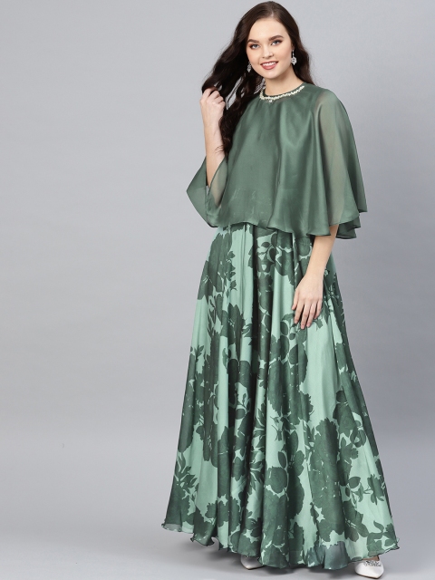 

Inddus Women Green Floral Printed Maxi Dress with Cape