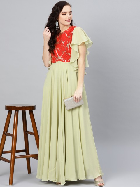 

Inddus Women Green & Red Sequinned Detail Maxi Dress