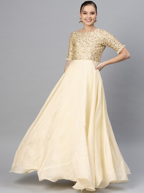 

Inddus Women Cream-Coloured Embroidered Detail Maxi Dress