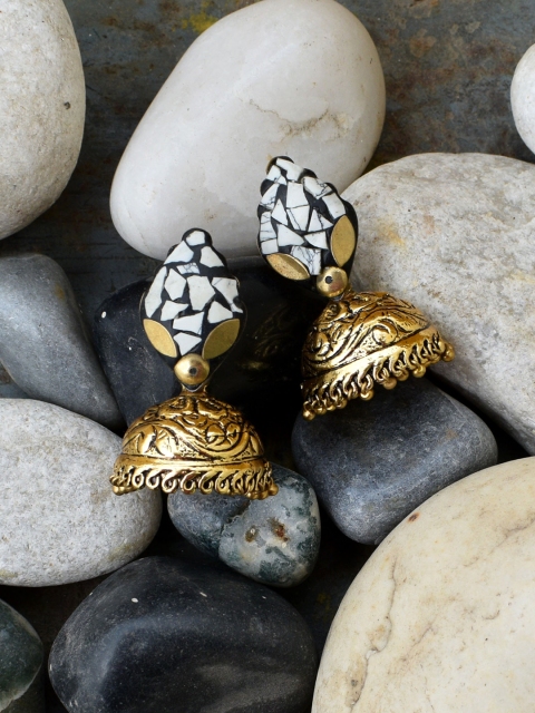 

Anetra Gold-Plated & Black Dome Shaped Jhumkas