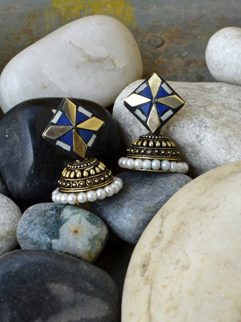 

Anetra Blue & Gold-Toned Dome Shaped Jhumkas