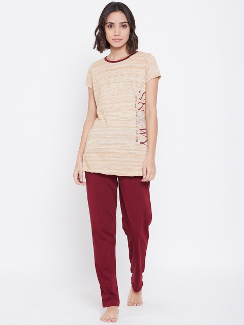 

Sweet Dreams Women Beige & Maroon Striped Night Suit