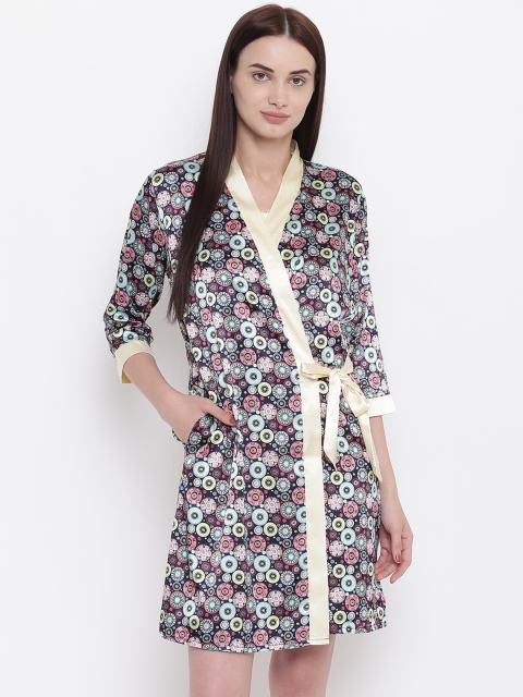 

Sweet Dreams Cream-Coloured & Navy Blue Solid Above Knee Satin Finish Nightdress With Robe