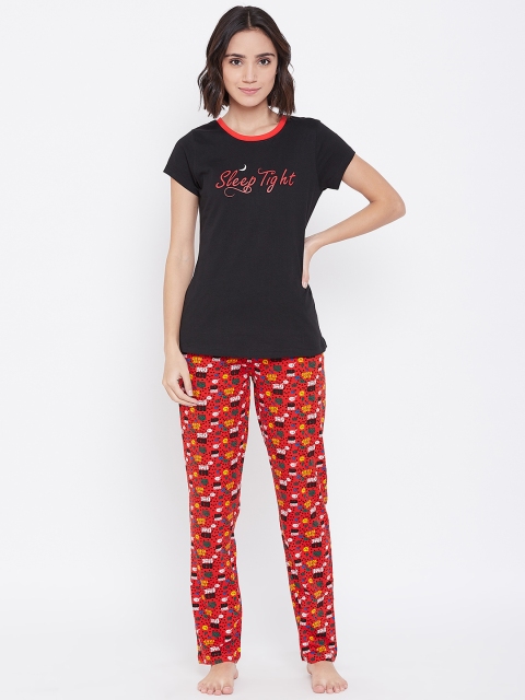 

Sweet Dreams Women Black & Red Printed Night Suit