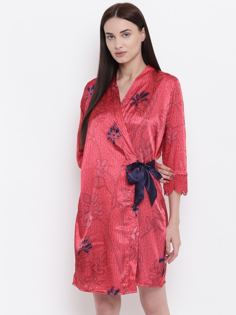 

Sweet Dreams Navy Blue & Red Solid Above Knee Satin Finish Nightdress With Robe