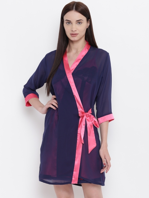 

Sweet Dreams Pink & Navy Blue Above Knee Solid Satin Finish Nightdress With Robe