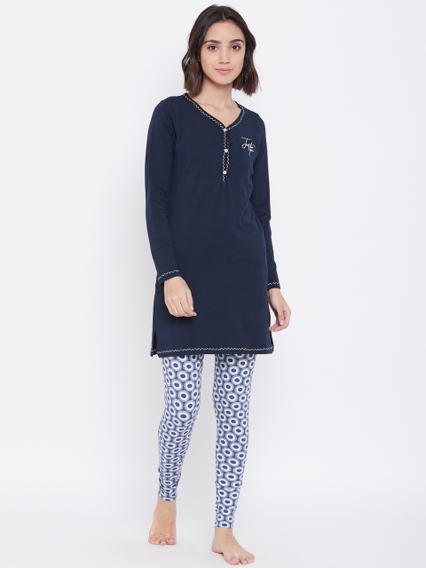 

Sweet Dreams Women Navy Blue & White Solid Night Suit