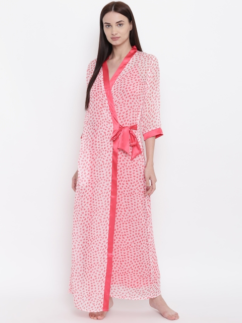 

Sweet Dreams Coral Pink & White Solid Maxi Satin Finish Nightdress With Robe