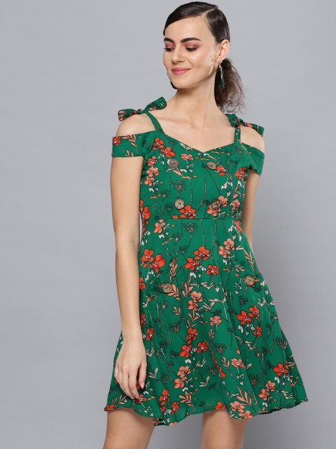 

STREET 9 Women Green & Orange Floral Printed Empire Dress